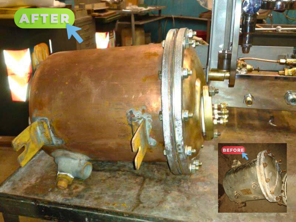 Faema E61, nelle foto vediamo la pompa interna nel prima e dopo restauro