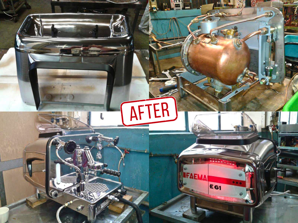 Macchina per caffè espresso Faema E61 a 1 gruppo, completamente restaurata, da collezione, nelle foto appare completamente rimontata, in funzione e pronta ad essere venduta